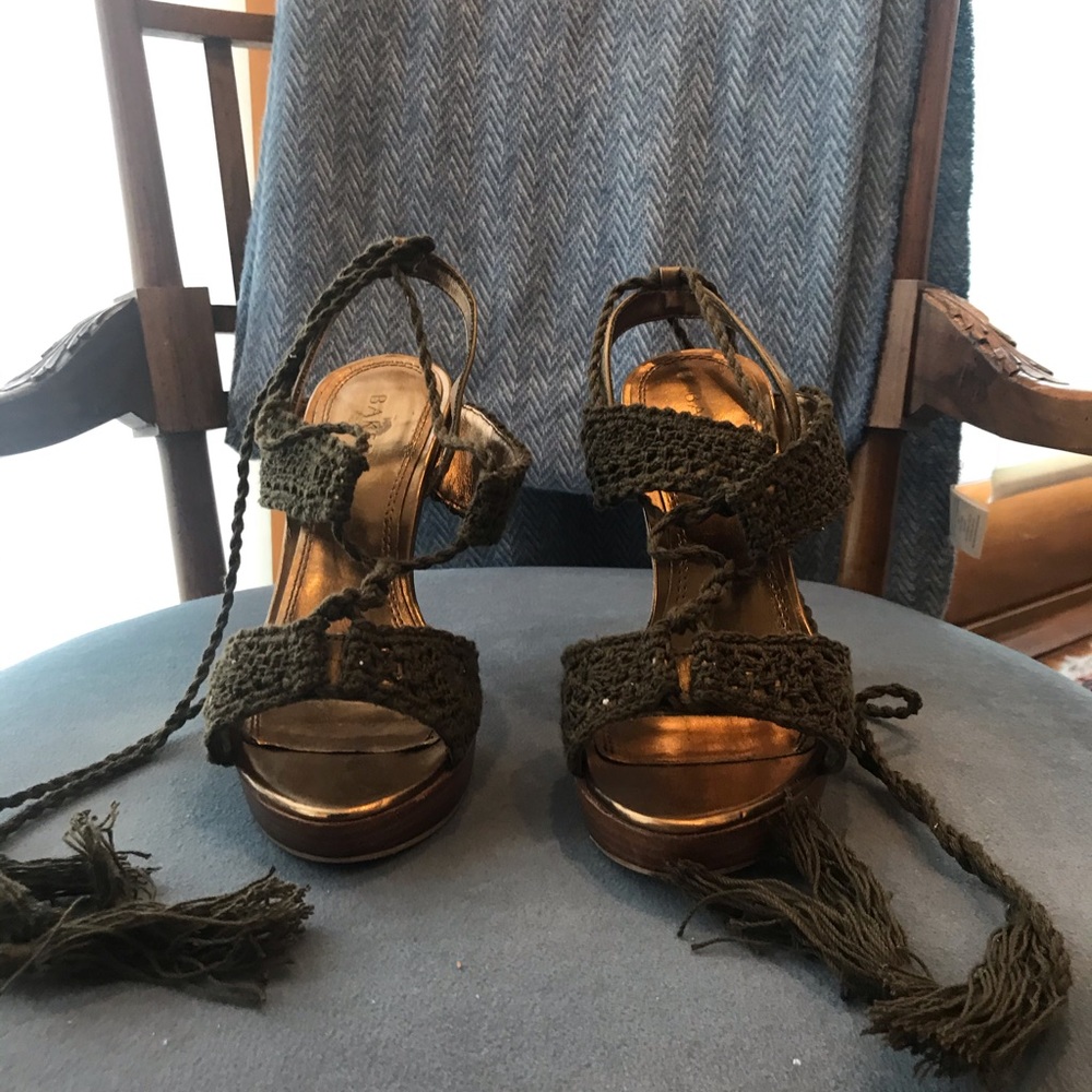 Bakers Green Crochet Lace Wrap Heels With Tassels